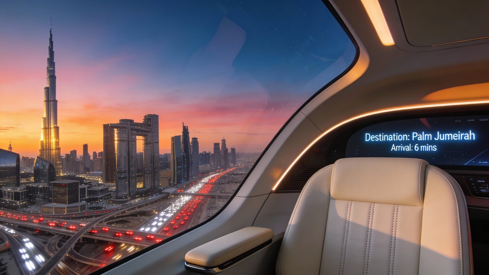 Cinematic interior view of a luxury electric flying taxi (eVTOL) flying over the Dubai skyline at sunset with Burj Khalifa in the distance.