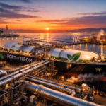 A massive green hydrogen tanker ship docked at the Port of NEOM in 2026, being loaded with liquid ammonia from the Helios plant, with solar arrays in the background.