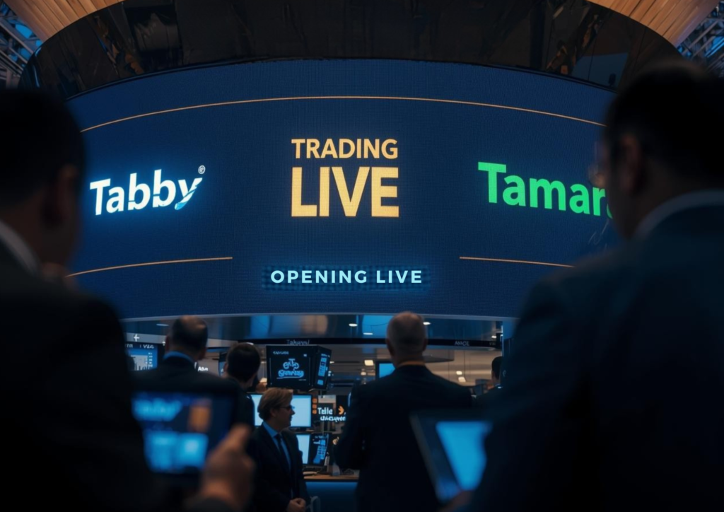 A digital stock ticker board at the Saudi Exchange (Tadawul) displaying the green trading symbols for 'TABBY' and 'TAMARA' in 2026.