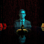 A conceptual digital illustration of a CEO’s face being scanned by a red laser 'Access Denied' filter, symbolizing the new UAE deepfake defense laws 2026.