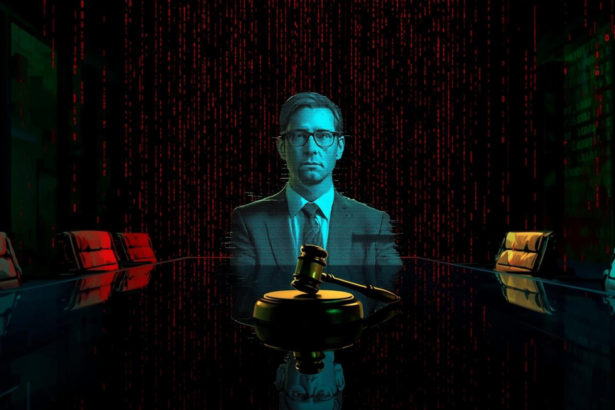 A conceptual digital illustration of a CEO’s face being scanned by a red laser 'Access Denied' filter, symbolizing the new UAE deepfake defense laws 2026.