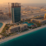 A panoramic view of the completed structural frame of Wynn Al Marjan Island in early 2026, with cranes removing the final steel beams and the glass facade reflecting the Arabian Gulf.