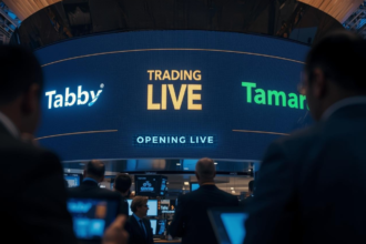 A digital stock ticker board at the Saudi Exchange (Tadawul) displaying the green trading symbols for 'TABBY' and 'TAMARA' in 2026.