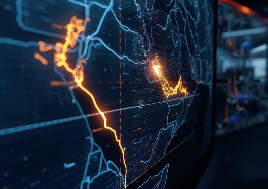 A detailed digital route map of the Saudi Landbridge Project 2026 showing the new railway line connecting Jeddah Islamic Port to King Abdul Aziz Port in Dammam.