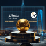 A financial concept shot showing a football jersey with the "Al Hilal" logo hanging inside the Saudi Exchange (Tadawul) trading floor, with a stock ticker showing green arrows.