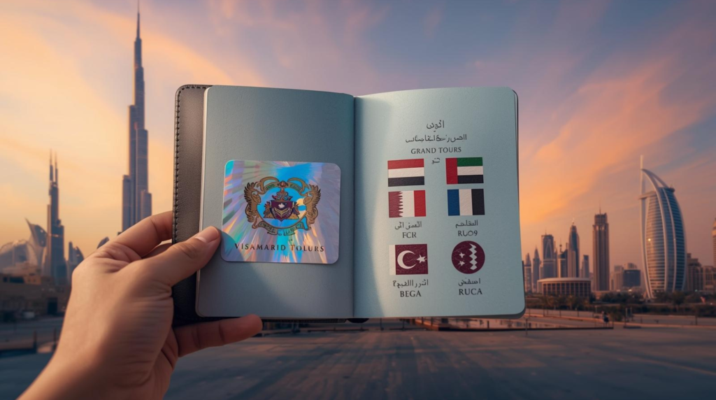 A close-up of a passport being stamped with a golden "GCC Grand Tours 2026" visa stamp, with a blurred map of the Arabian Peninsula in the background.