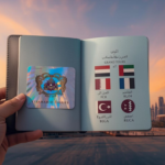 A close-up of a passport being stamped with a golden "GCC Grand Tours 2026" visa stamp, with a blurred map of the Arabian Peninsula in the background.