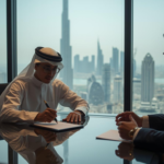 A high-angle shot of a young Emirati entrepreneur signing a digital trade license on a tablet in a modern DIFC office, representing the new age of majority law.