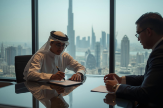 A high-angle shot of a young Emirati entrepreneur signing a digital trade license on a tablet in a modern DIFC office, representing the new age of majority law.