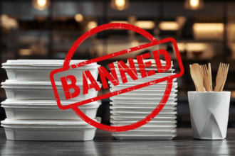 A split-screen comparison showing banned white Styrofoam food containers on the left and new compliant brown kraft paper packaging on the right, set against a blurred Dubai restaurant background.