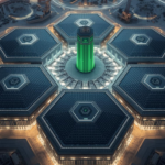 A panoramic digital rendering of the massive 480MW Hexagon Data Centre campus in Riyadh, featuring six interconnected hexagonal buildings with solar arrays and cooling towers.