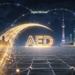 A 3D digital visualization of the UAE Digital Dirham currency symbol floating over a map of the Silk Road, connecting UAE, China, and India.