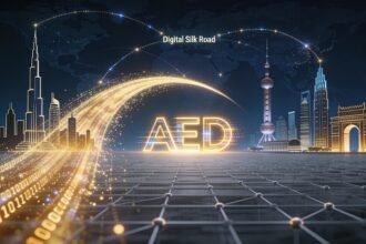 A 3D digital visualization of the UAE Digital Dirham currency symbol floating over a map of the Silk Road, connecting UAE, China, and India.