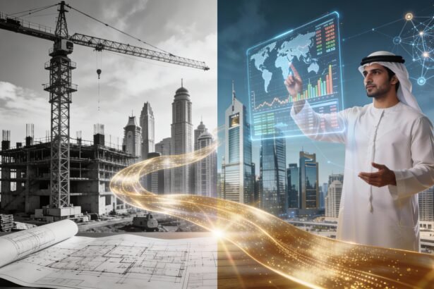 A 3D graph showing GCC family office asset allocation shifting from Real Estate to Technology in 2026, set against a backdrop of the DIFC Gate Building.