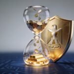 A 3D illustration of a golden shield with the UAE emblem protecting a stack of digital coins, symbolizing the new UAE Golden Pension 2026 scheme.